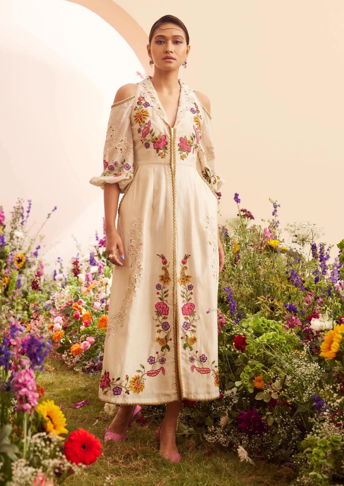 Ivory Embroidred Midi Dress