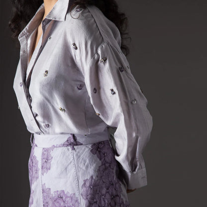 Mauve Clutter Print Linen Skirt With Organza Shirt  Set