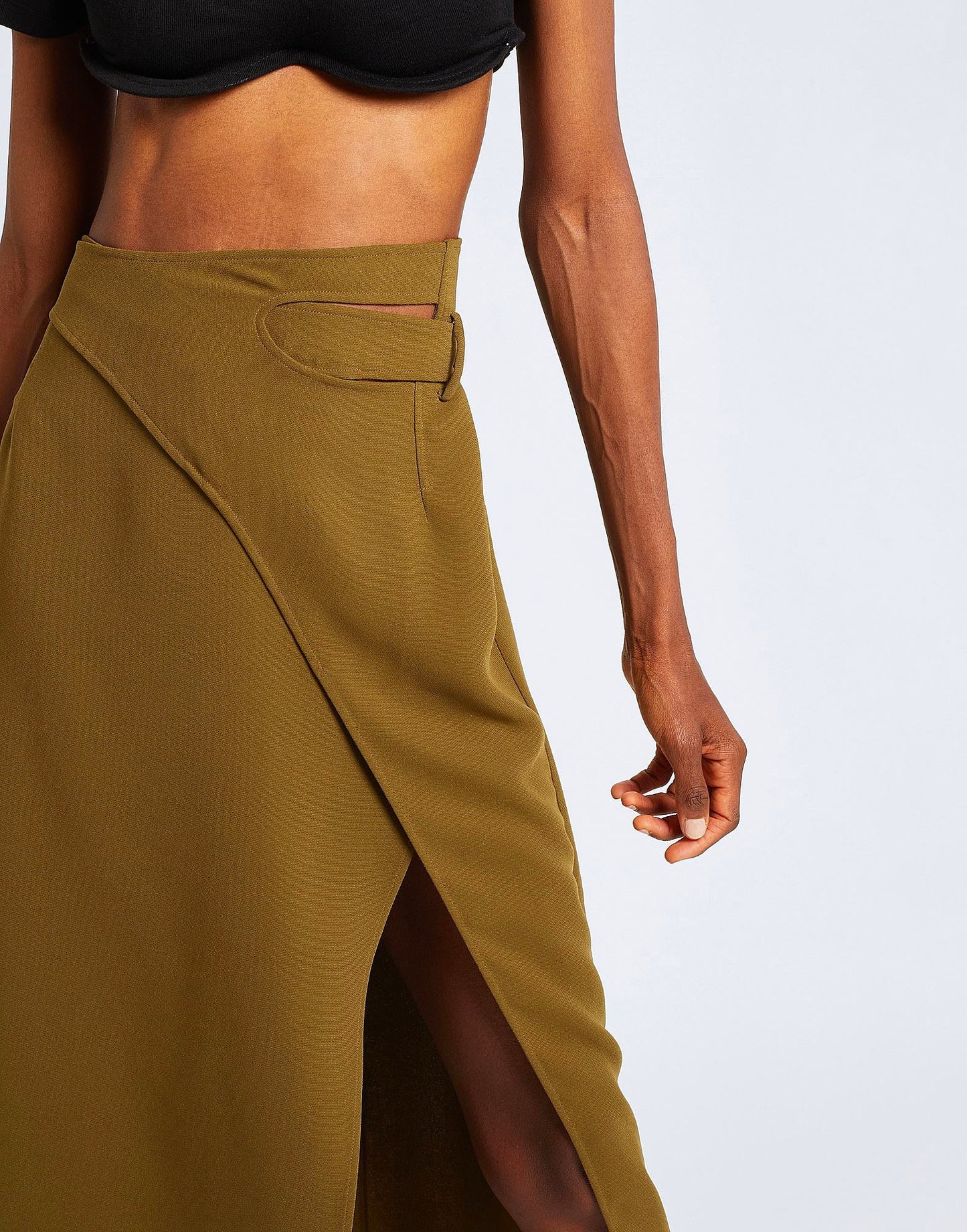 Military Green Crepe Midi Skirt With Cut-Out Detailing