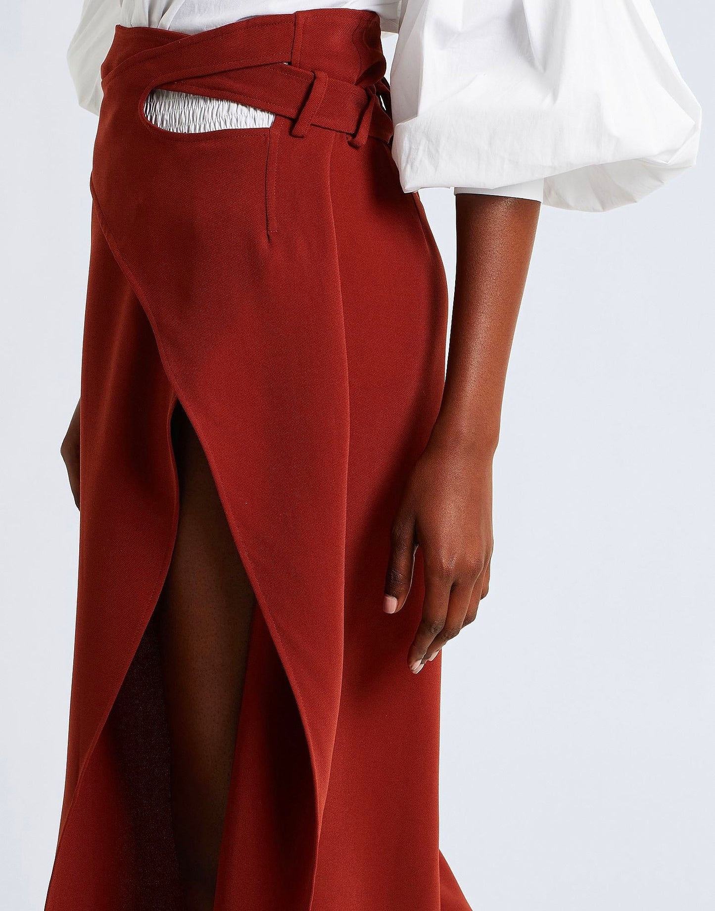 Red Crepe Midi Skirt With Cut-Out Detailing
