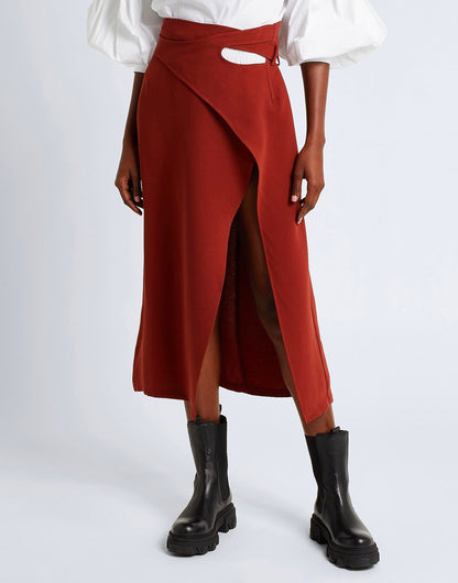 Red Crepe Midi Skirt With Cut-Out Detailing