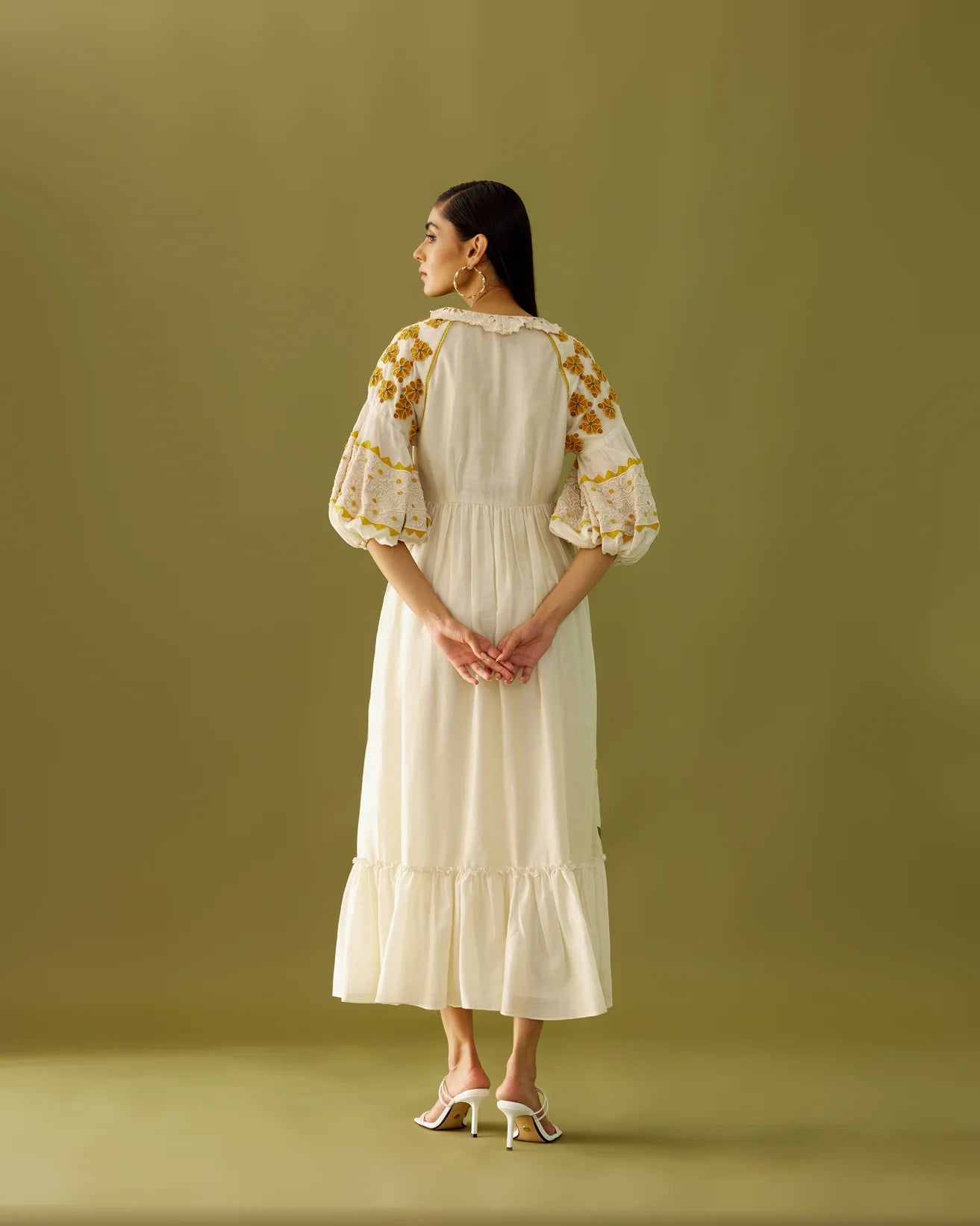Ivory Applique Beadwork And 
Cutwork Midi Dress