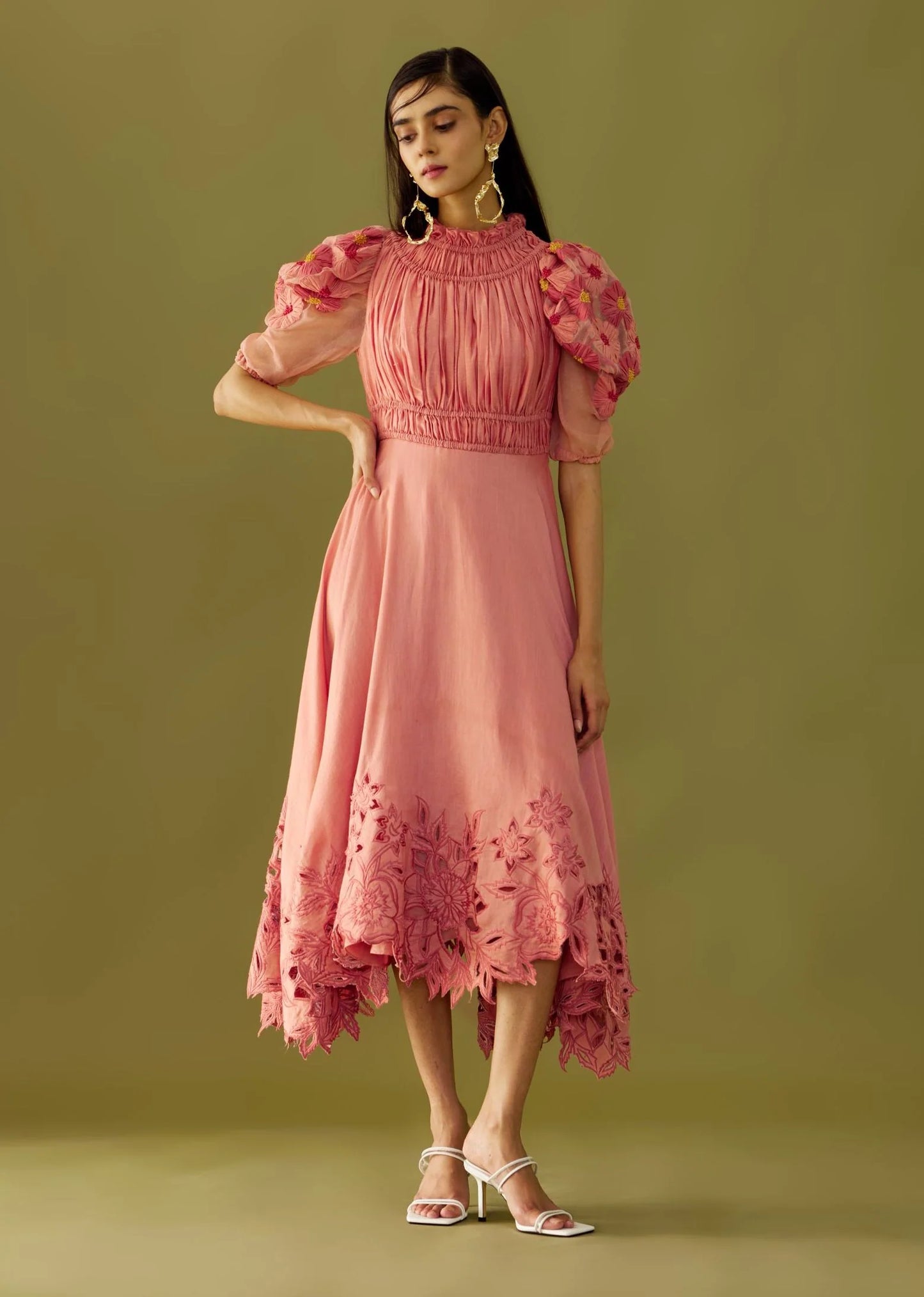 Fuchsia Ruched Cutwork
 Dress