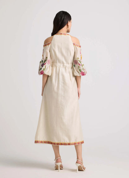 Ivory Floral Cold Shoulder Midi Dress
