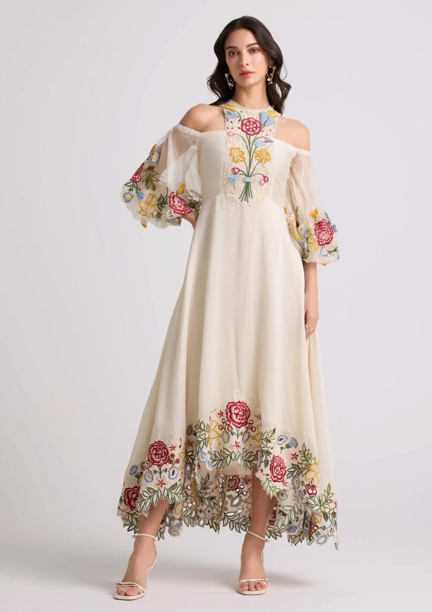 Ivory 3D Floral Applique And Threadwork Dress