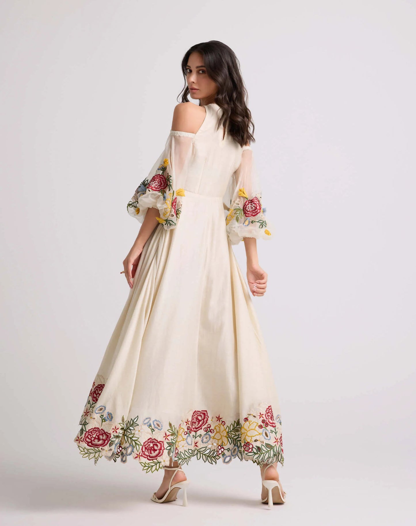 Ivory 3D Floral Applique And Threadwork Dress