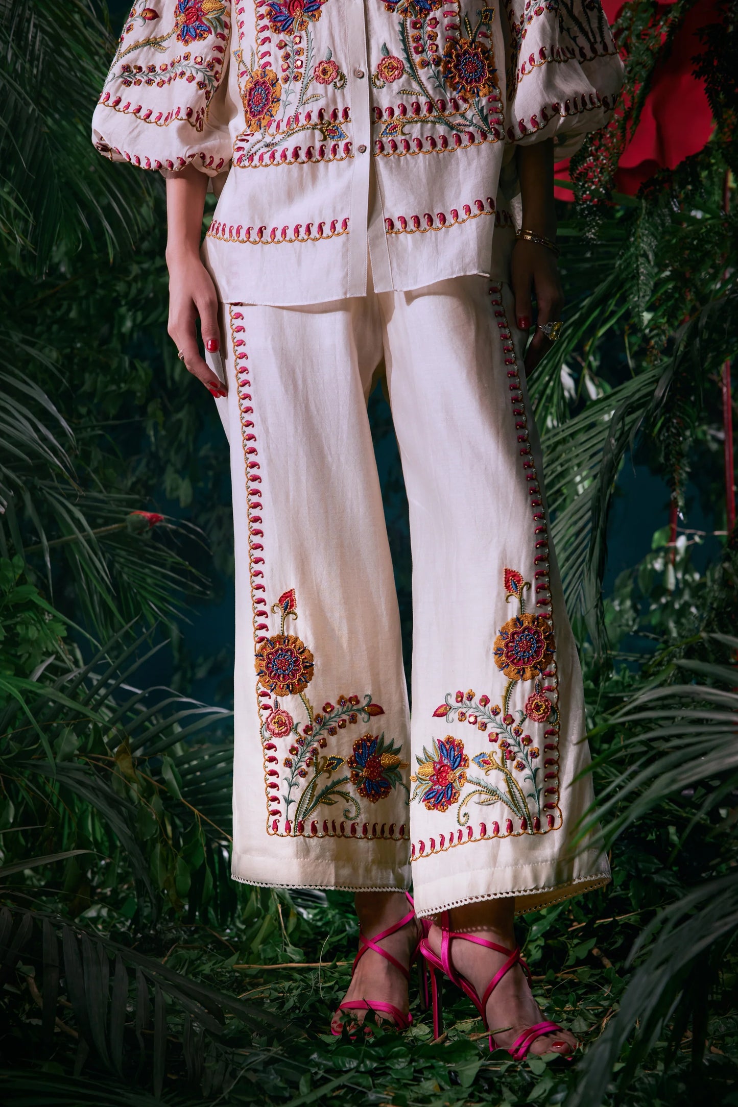 Ivory Multicolour Embroidered Pants