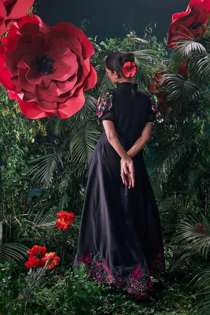 Black Floral Embroidered Ruched Dress