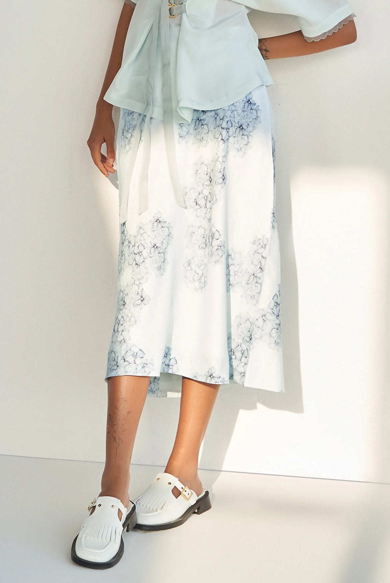 White And Blue Linen Skirt With Organza Shirt  Set